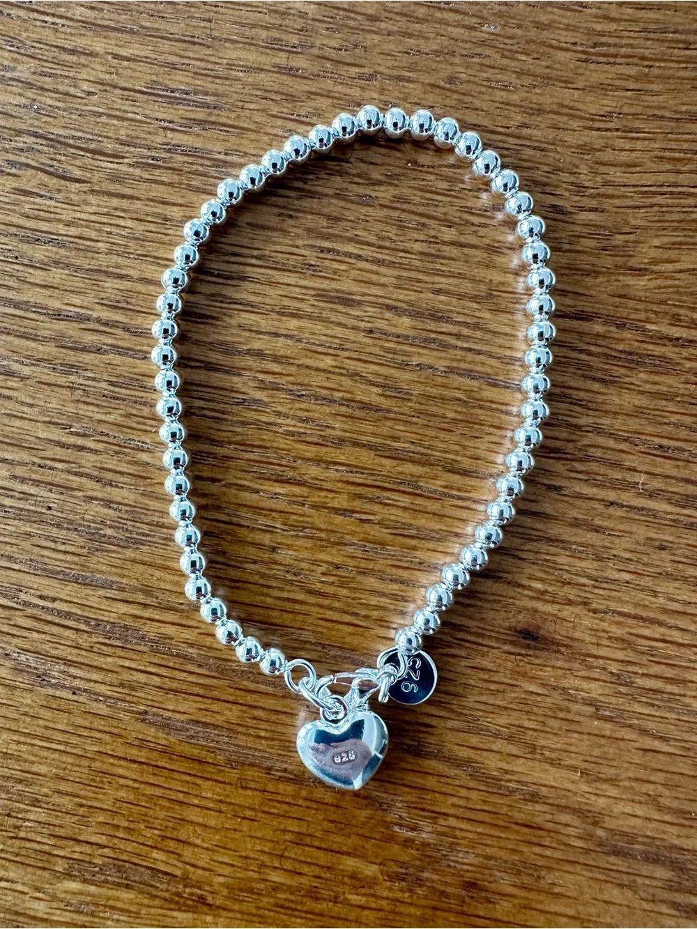 Sterling Silver 925 Beaded Heart Charm Bracelet - 8”